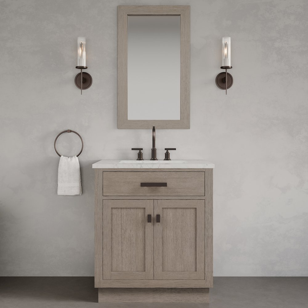 30 In. Single Sink Carrara White Marble Countertop Bath Vanity In Grey Oak. Picture 2