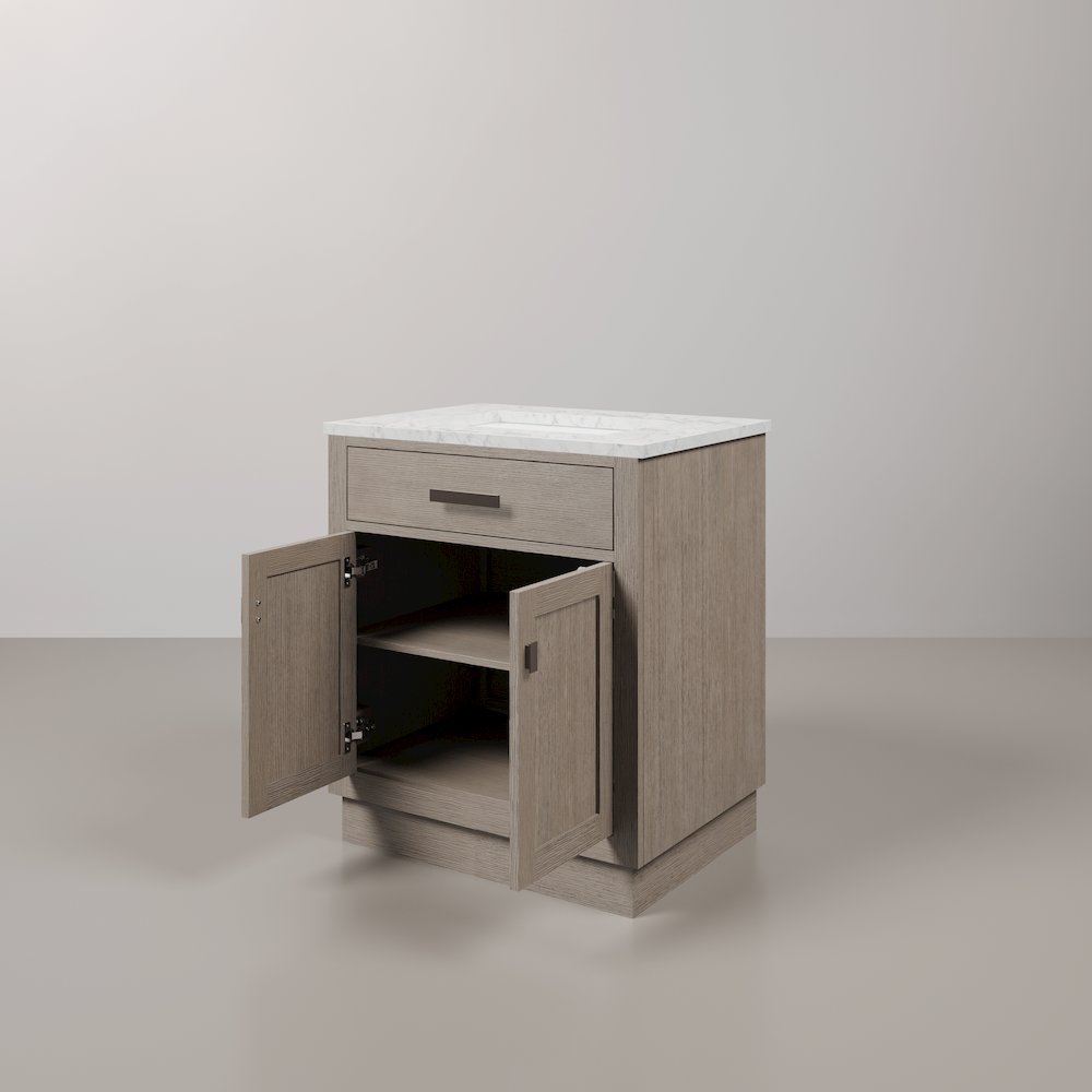 30 In. Single Sink Carrara White Marble Countertop Bath Vanity In Grey Oak. Picture 4
