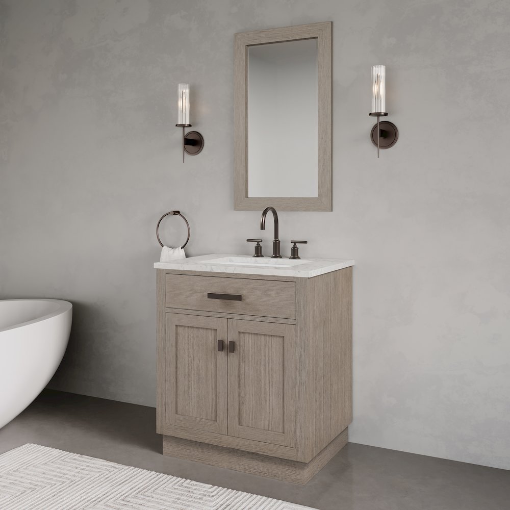 30 In. Single Sink Carrara White Marble Countertop Bath Vanity In Grey Oak. Picture 8