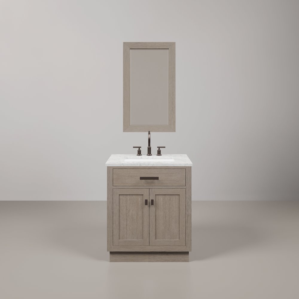 30 In. Single Sink Carrara White Marble Countertop Bath Vanity In Grey Oak. Picture 1