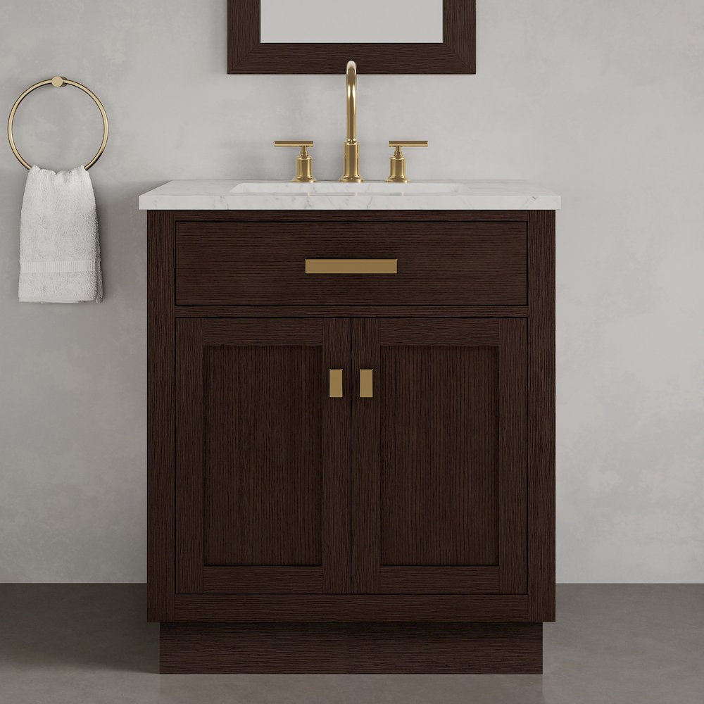 30 In. Single Sink Carrara White Marble Countertop Bath Vanity In Brown Oak. Picture 2
