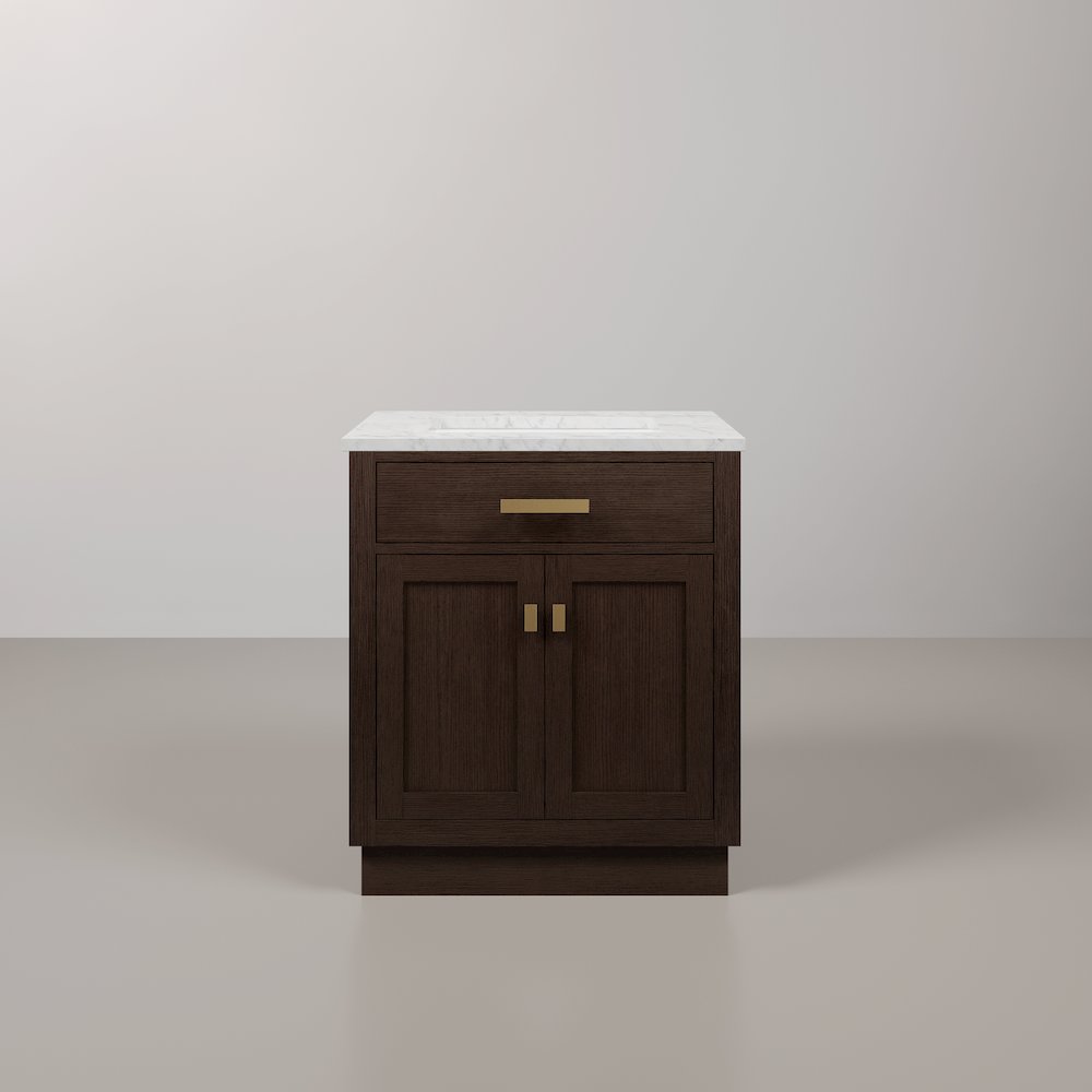 30 In. Single Sink Carrara White Marble Countertop Bath Vanity In Brown Oak. Picture 1