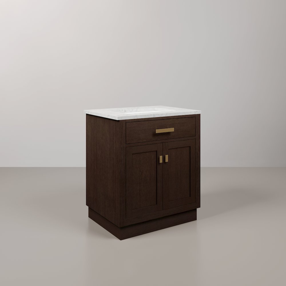 30 In. Single Sink Carrara White Marble Countertop Bath Vanity In Brown Oak. Picture 3