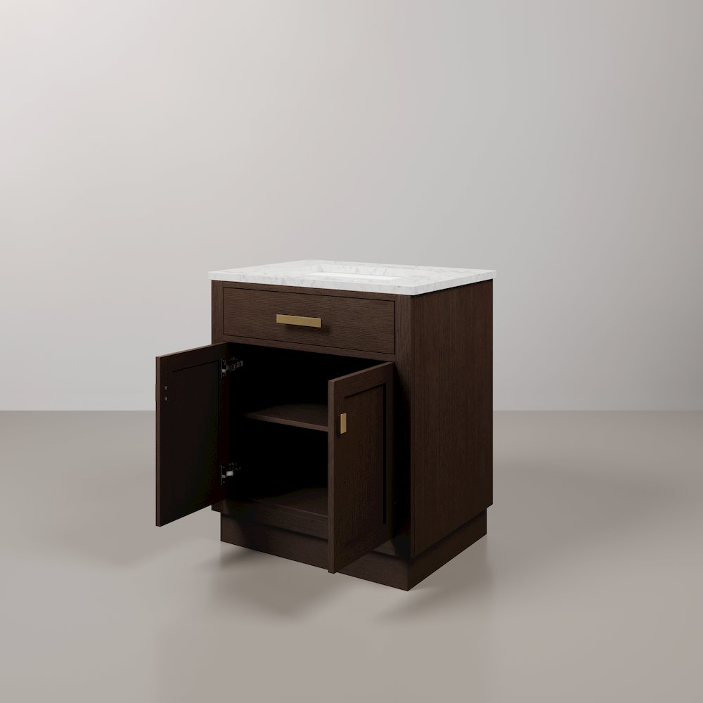 30 In. Single Sink Carrara White Marble Countertop Bath Vanity In Brown Oak. Picture 4