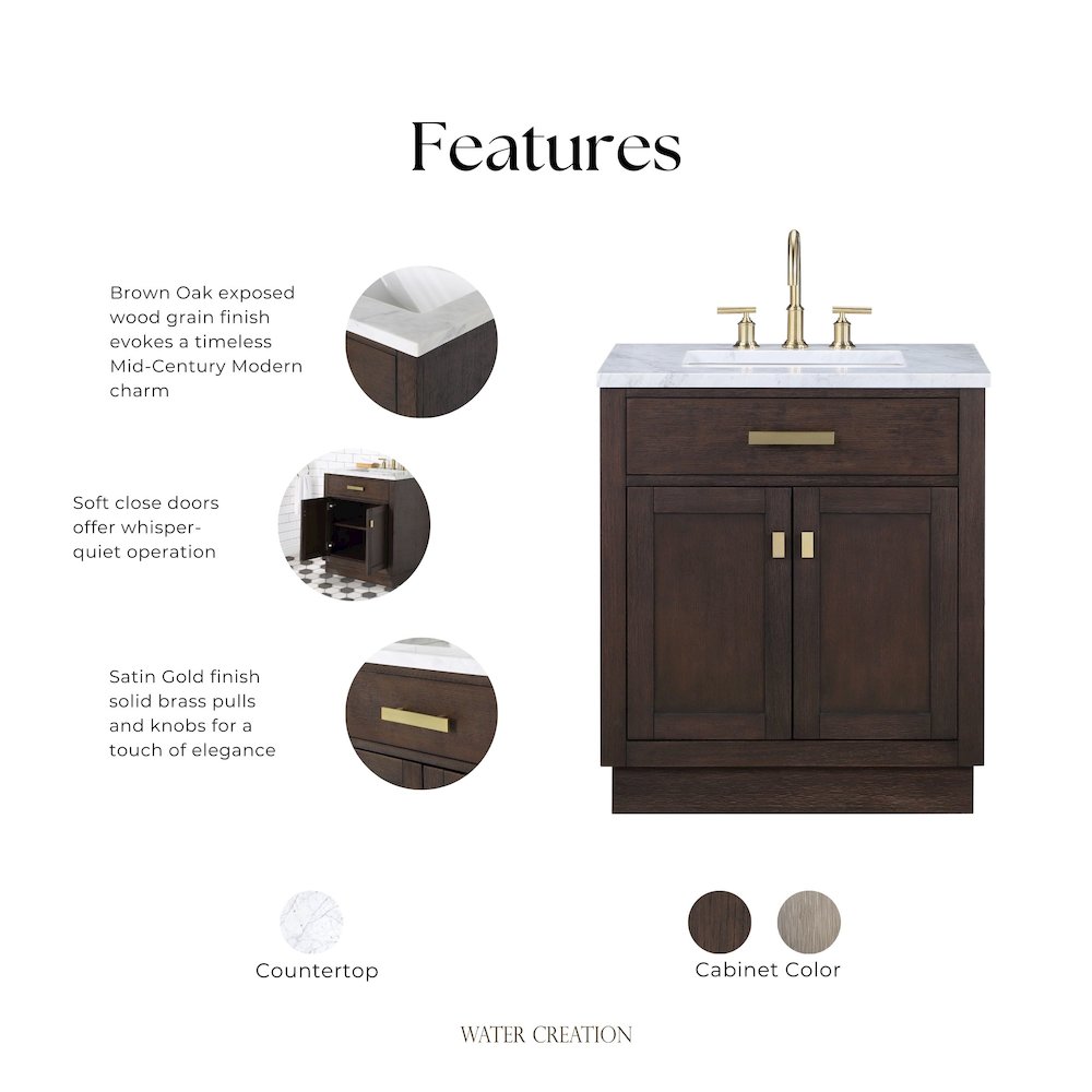 30 In. Single Sink Carrara White Marble Countertop Bath Vanity In Brown Oak. Picture 10