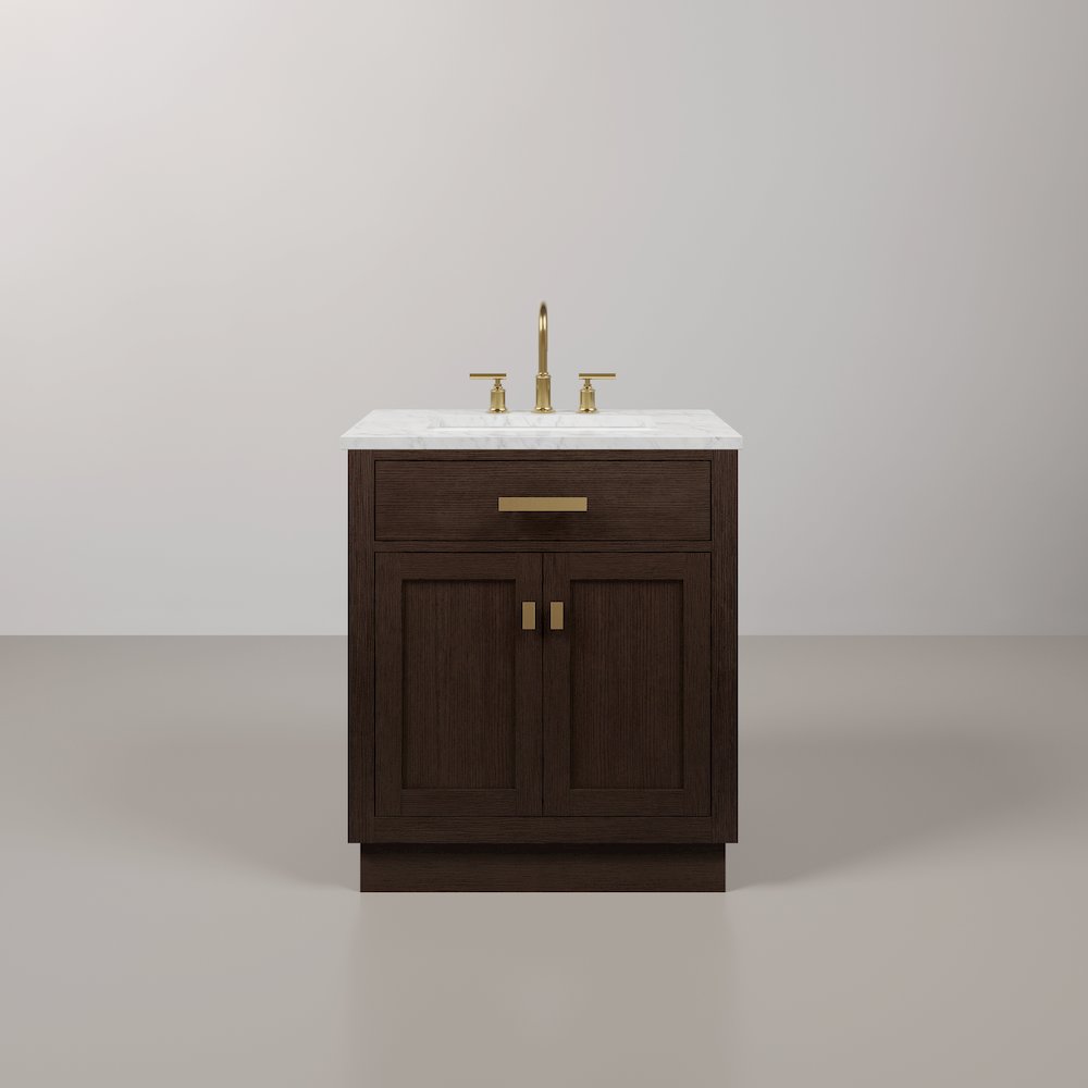 30 In. Single Sink Carrara White Marble Countertop Bath Vanity In Brown Oak. Picture 1