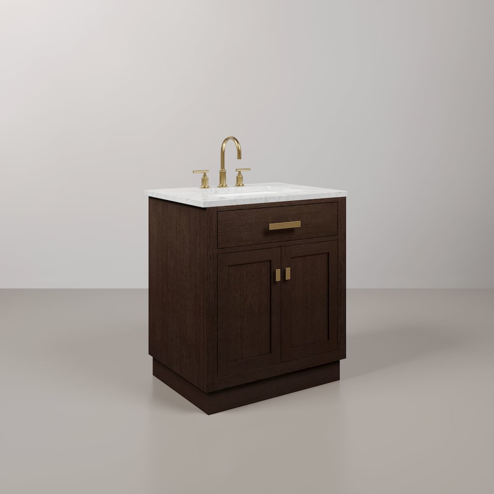 30 In. Single Sink Carrara White Marble Countertop Bath Vanity In Brown Oak. Picture 3