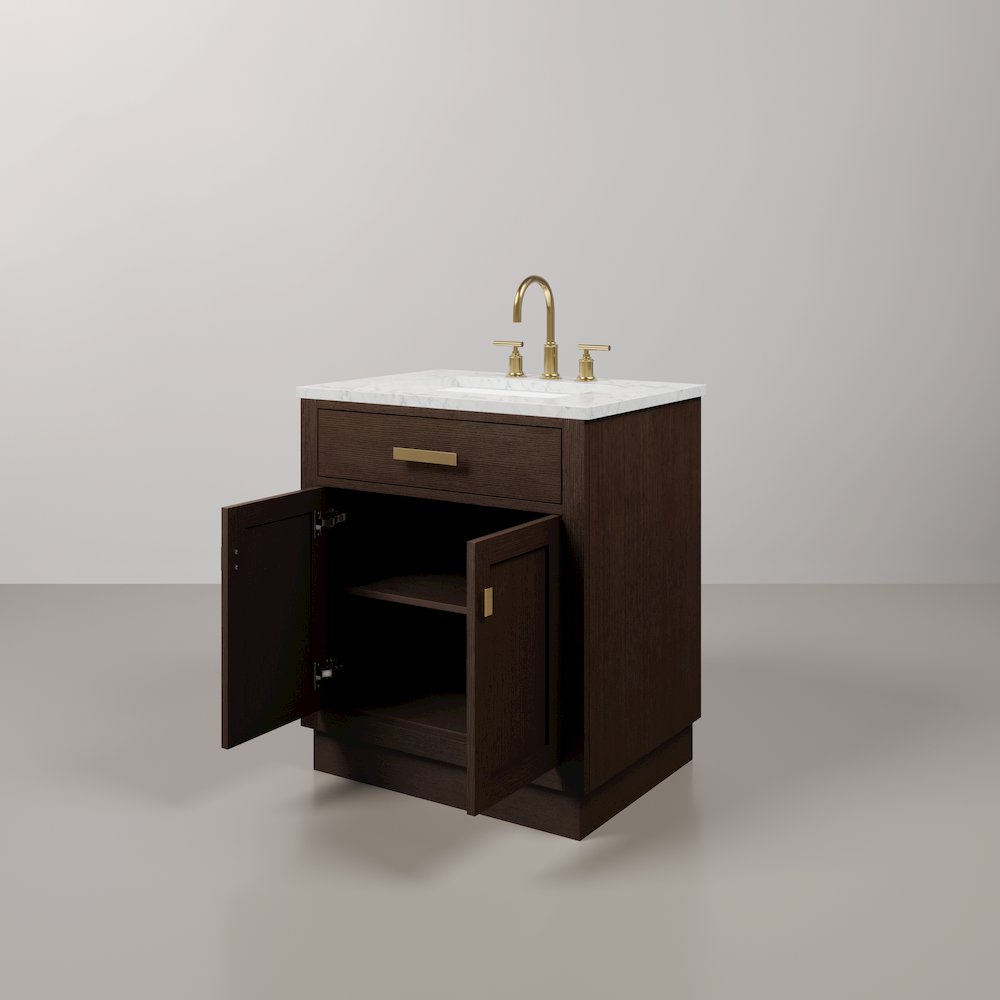 30 In. Single Sink Carrara White Marble Countertop Bath Vanity In Brown Oak. Picture 4