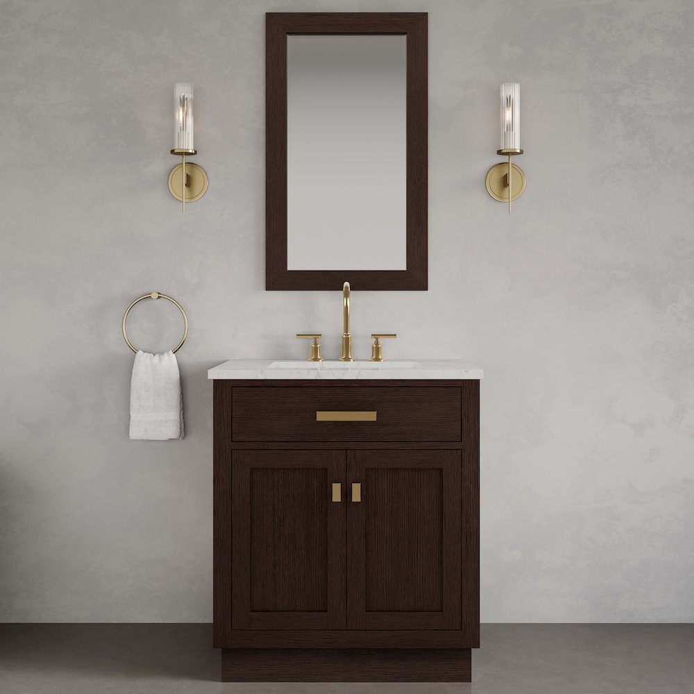 30 In. Single Sink Carrara White Marble Countertop Bath Vanity In Brown Oak. Picture 8