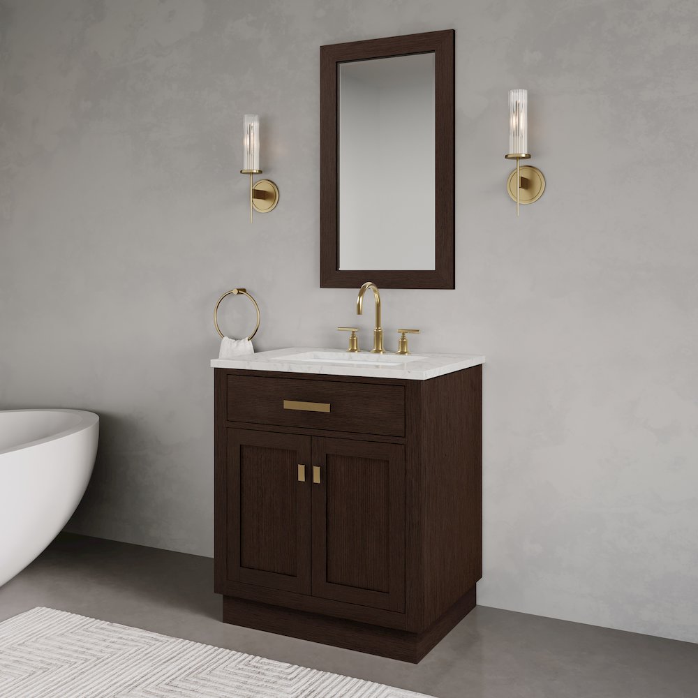30 In. Single Sink Carrara White Marble Countertop Bath Vanity In Brown Oak. Picture 8