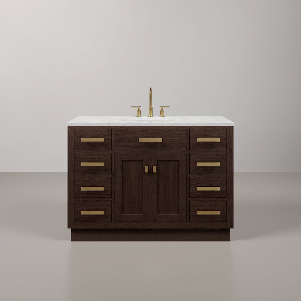 48 In. Single Sink Carrara White Marble Countertop Bath Vanity In Brown Oak. Picture 1