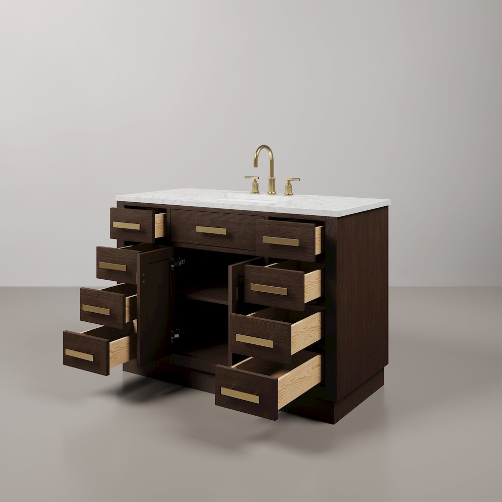 48 In. Single Sink Carrara White Marble Countertop Bath Vanity In Brown Oak. Picture 4