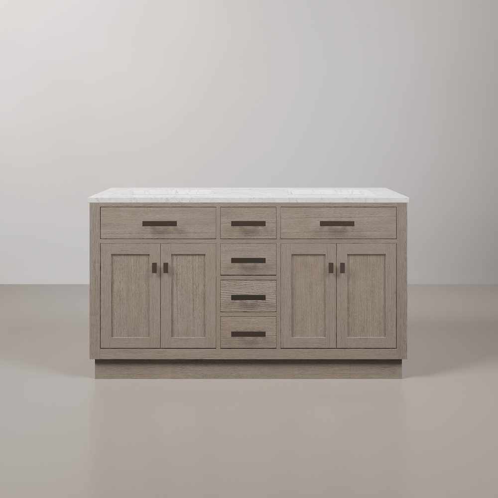 60 In. Double Sink Carrara White Marble Countertop Bath Vanity In Grey Oak. Picture 1