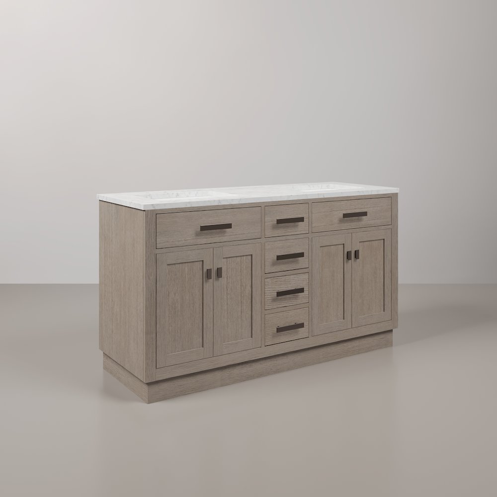 60 In. Double Sink Carrara White Marble Countertop Bath Vanity In Grey Oak. Picture 3