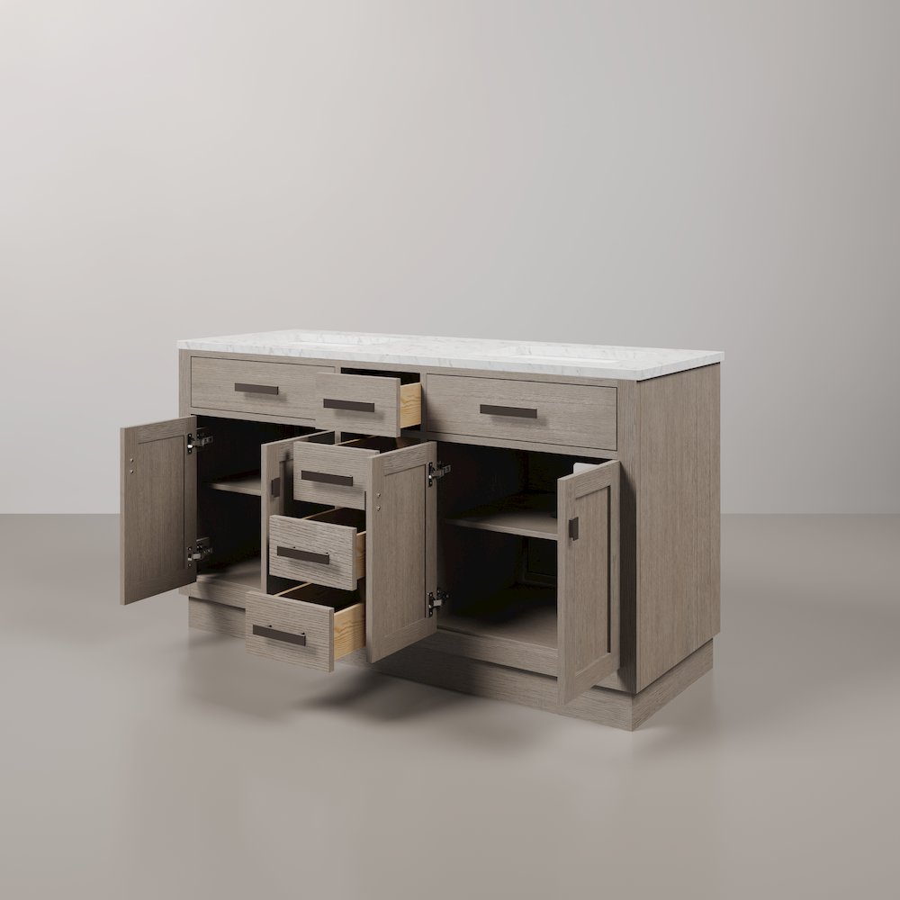 60 In. Double Sink Carrara White Marble Countertop Bath Vanity In Grey Oak. Picture 4