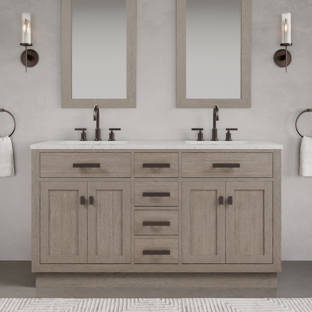 60 In. Double Sink Carrara White Marble Countertop Bath Vanity In Grey Oak. Picture 2