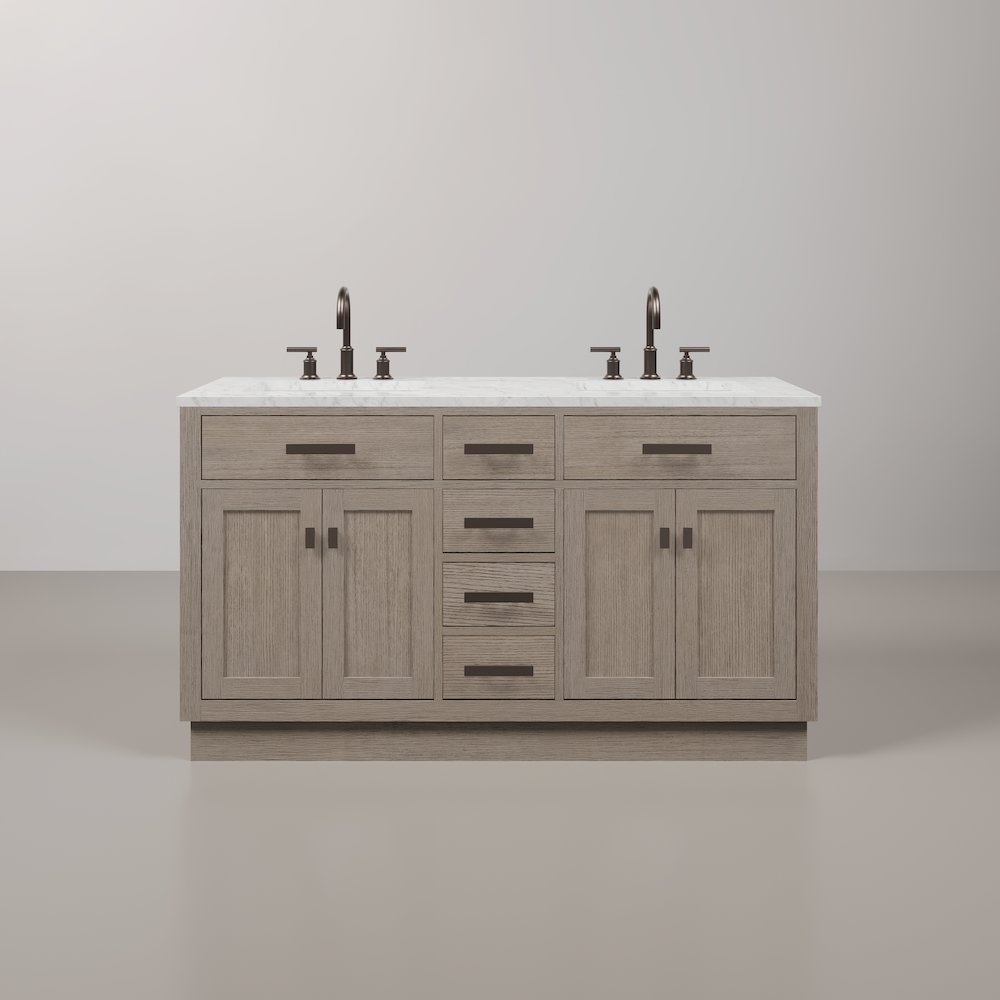 60 In. Double Sink Carrara White Marble Countertop Bath Vanity In Grey Oak. Picture 1