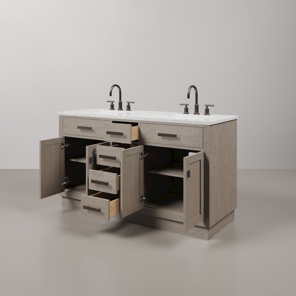 60 In. Double Sink Carrara White Marble Countertop Bath Vanity In Grey Oak. Picture 4