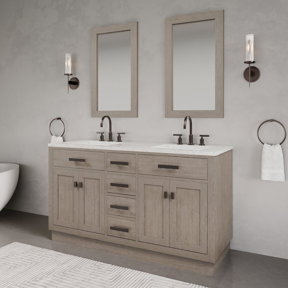 60 In. Double Sink Carrara White Marble Countertop Bath Vanity In Grey Oak. Picture 10