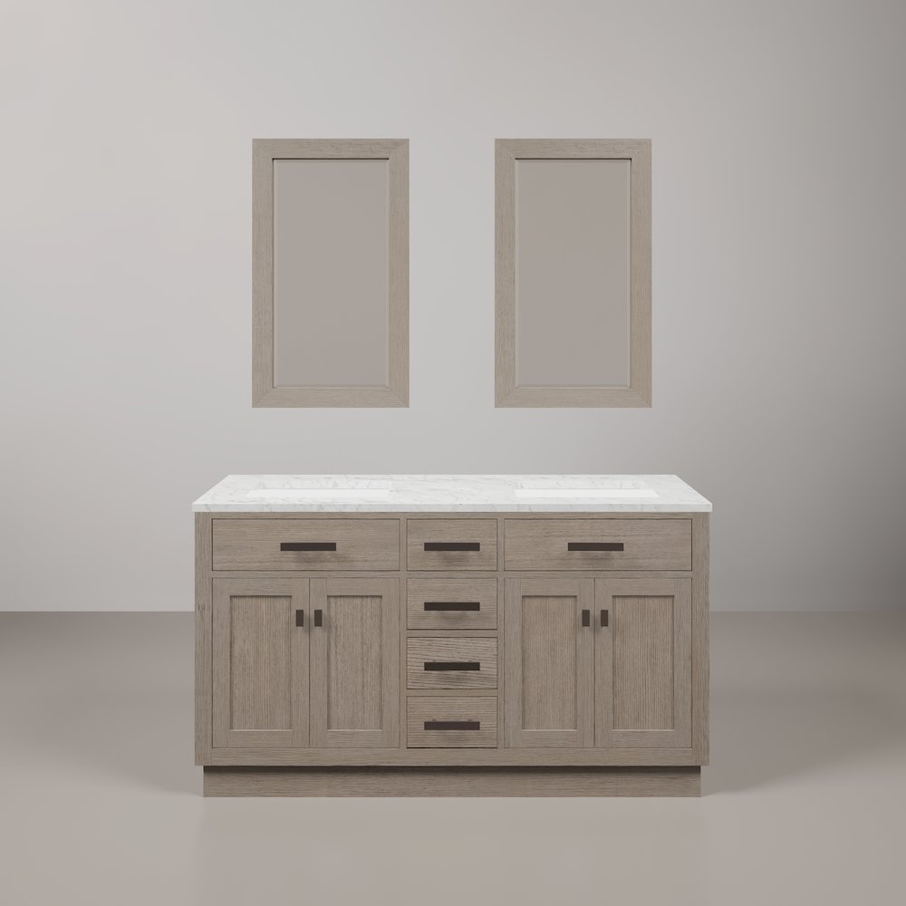 60 In. Double Sink Carrara White Marble Countertop Bath Vanity In Grey Oak. Picture 1