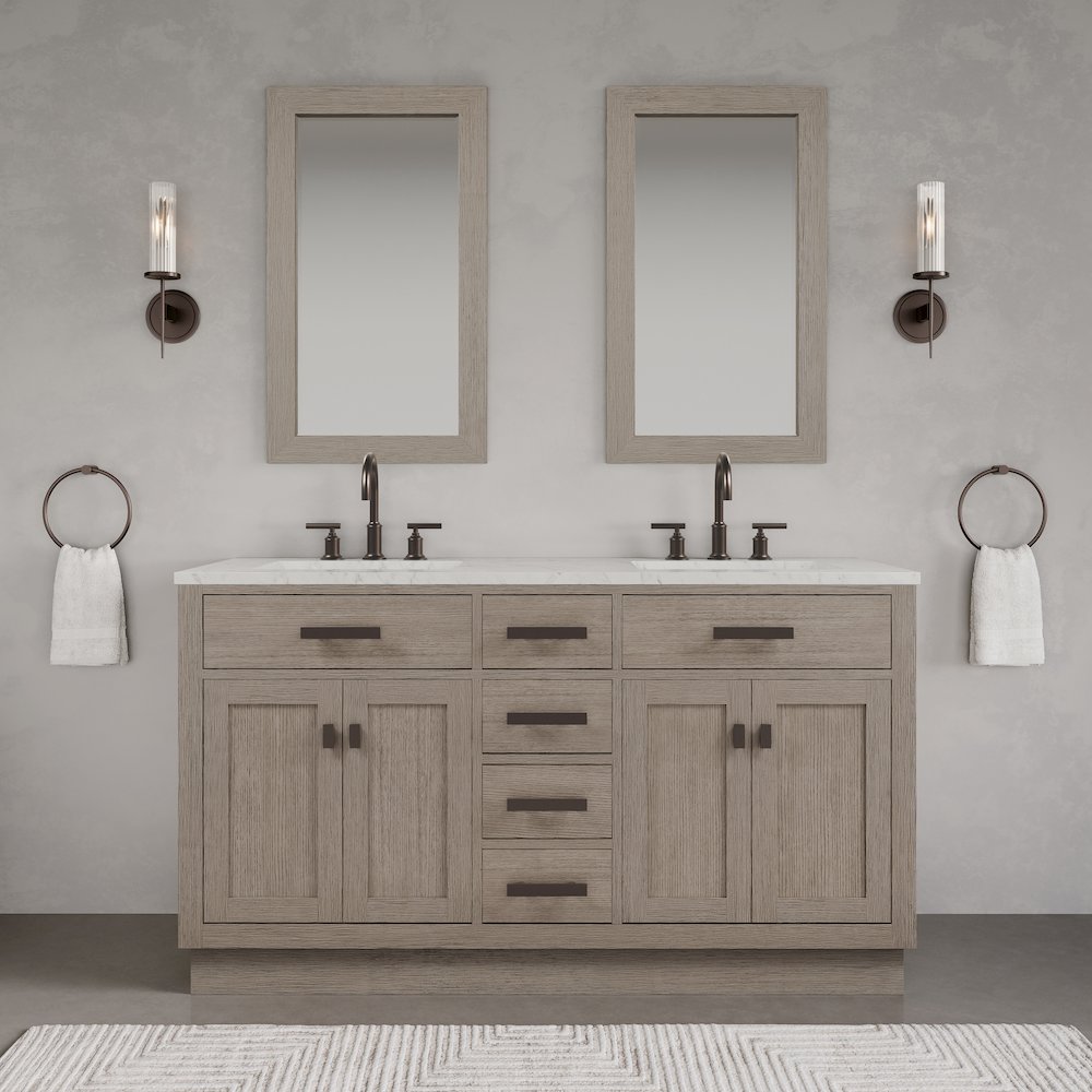 60 In. Double Sink Carrara White Marble Countertop Bath Vanity In Grey Oak. Picture 2