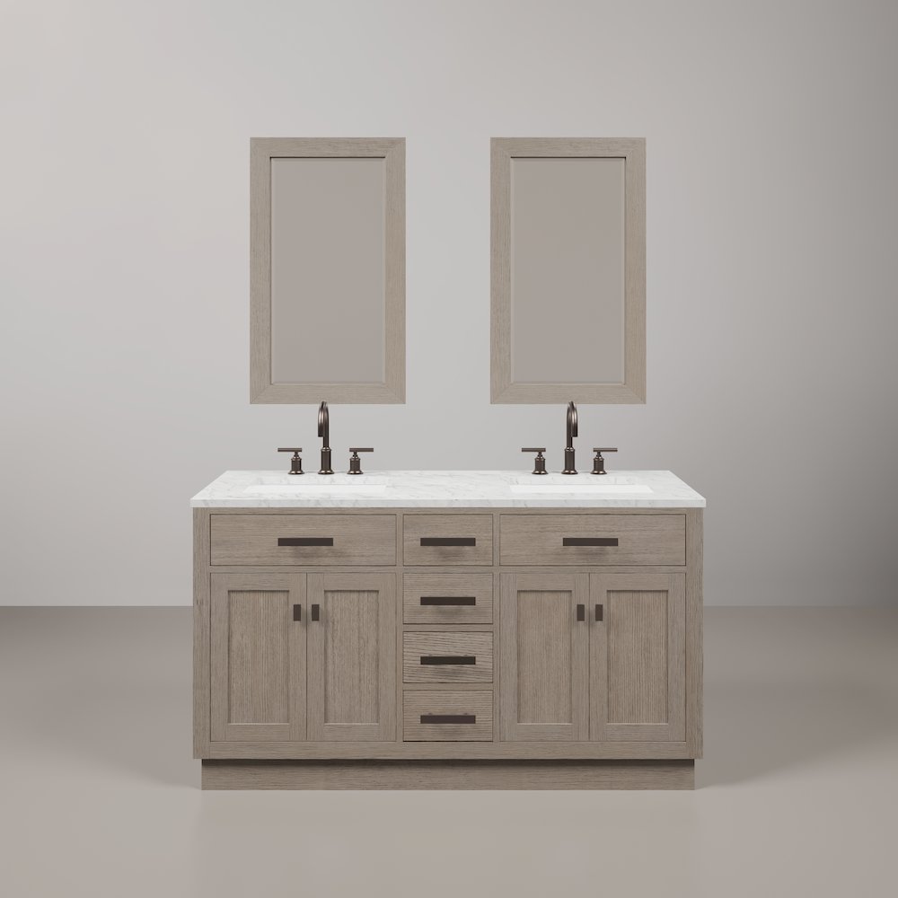 60 In. Double Sink Carrara White Marble Countertop Bath Vanity In Grey Oak. Picture 1
