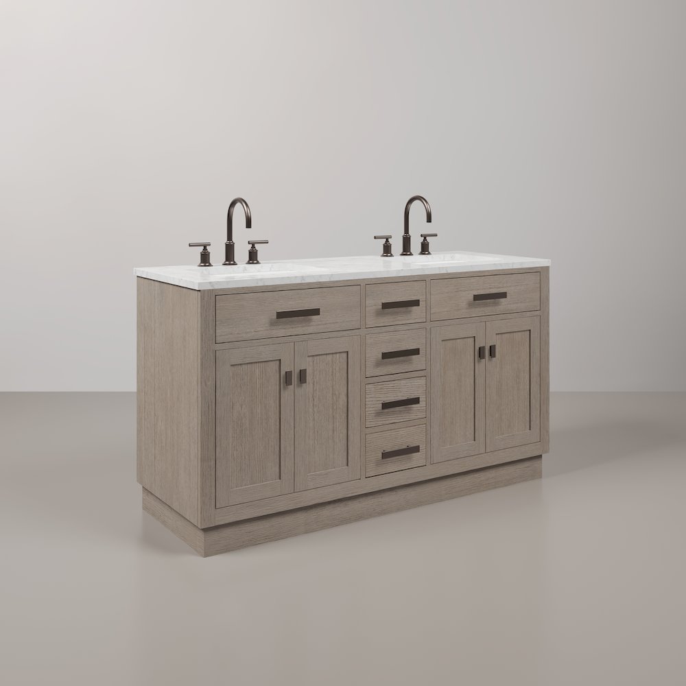 60 In. Double Sink Carrara White Marble Countertop Bath Vanity In Grey Oak. Picture 3