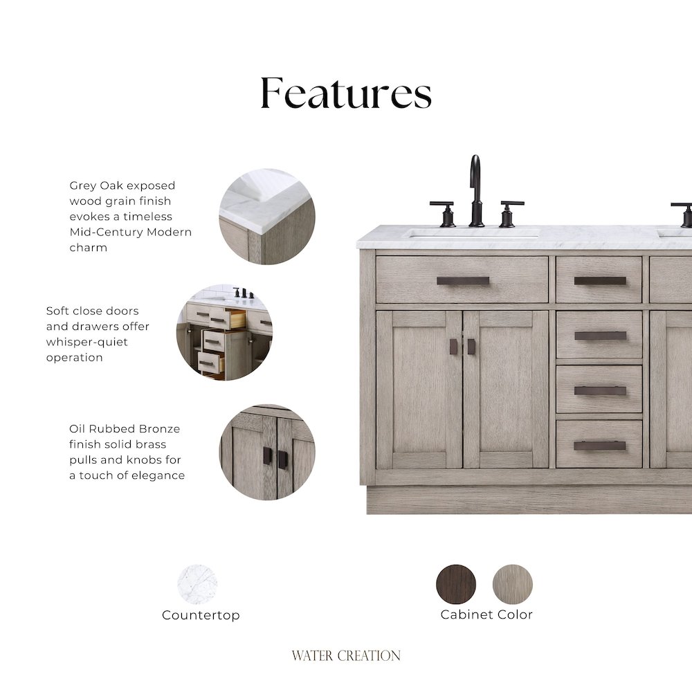 60 In. Double Sink Carrara White Marble Countertop Bath Vanity In Grey Oak. Picture 10