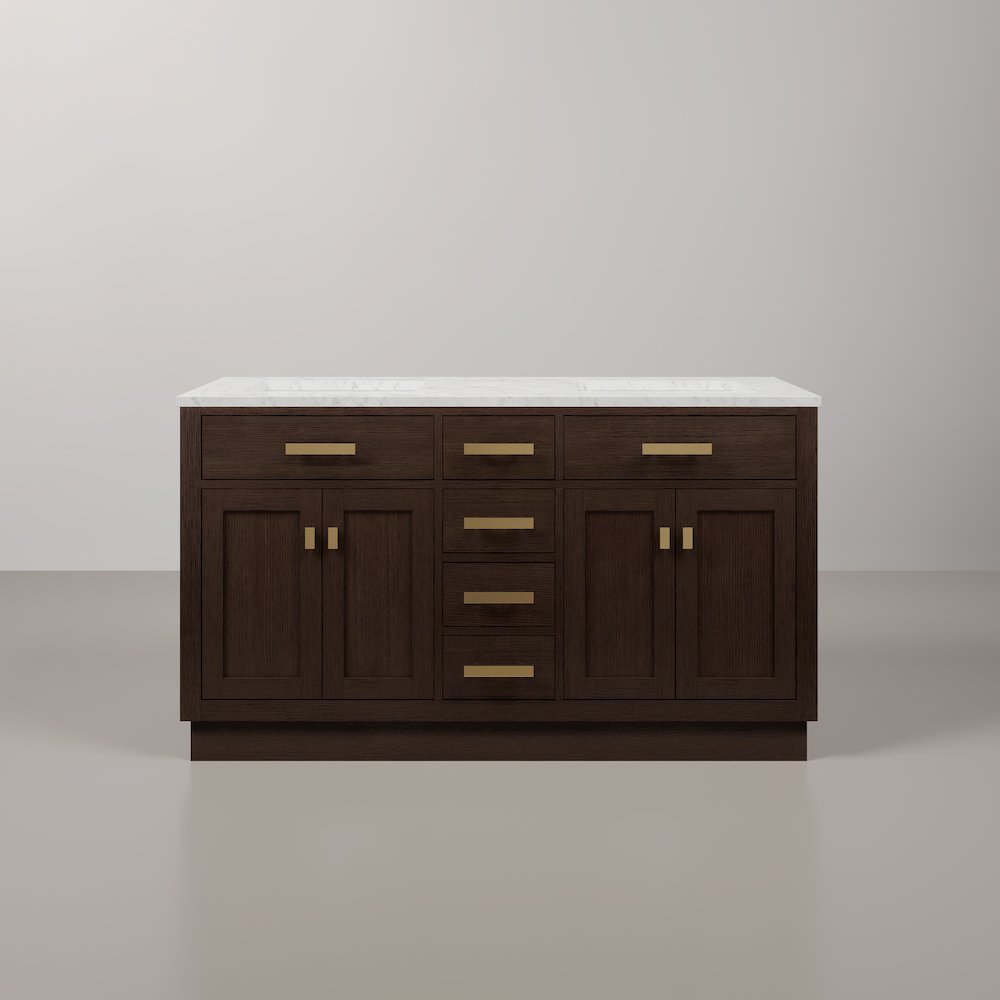 60 In. Double Sink Carrara White Marble Countertop Bath Vanity In Brown Oak. Picture 1