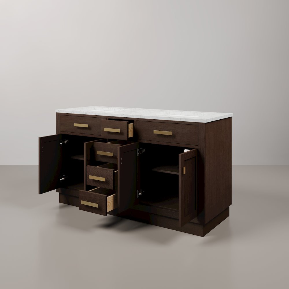 60 In. Double Sink Carrara White Marble Countertop Bath Vanity In Brown Oak. Picture 4