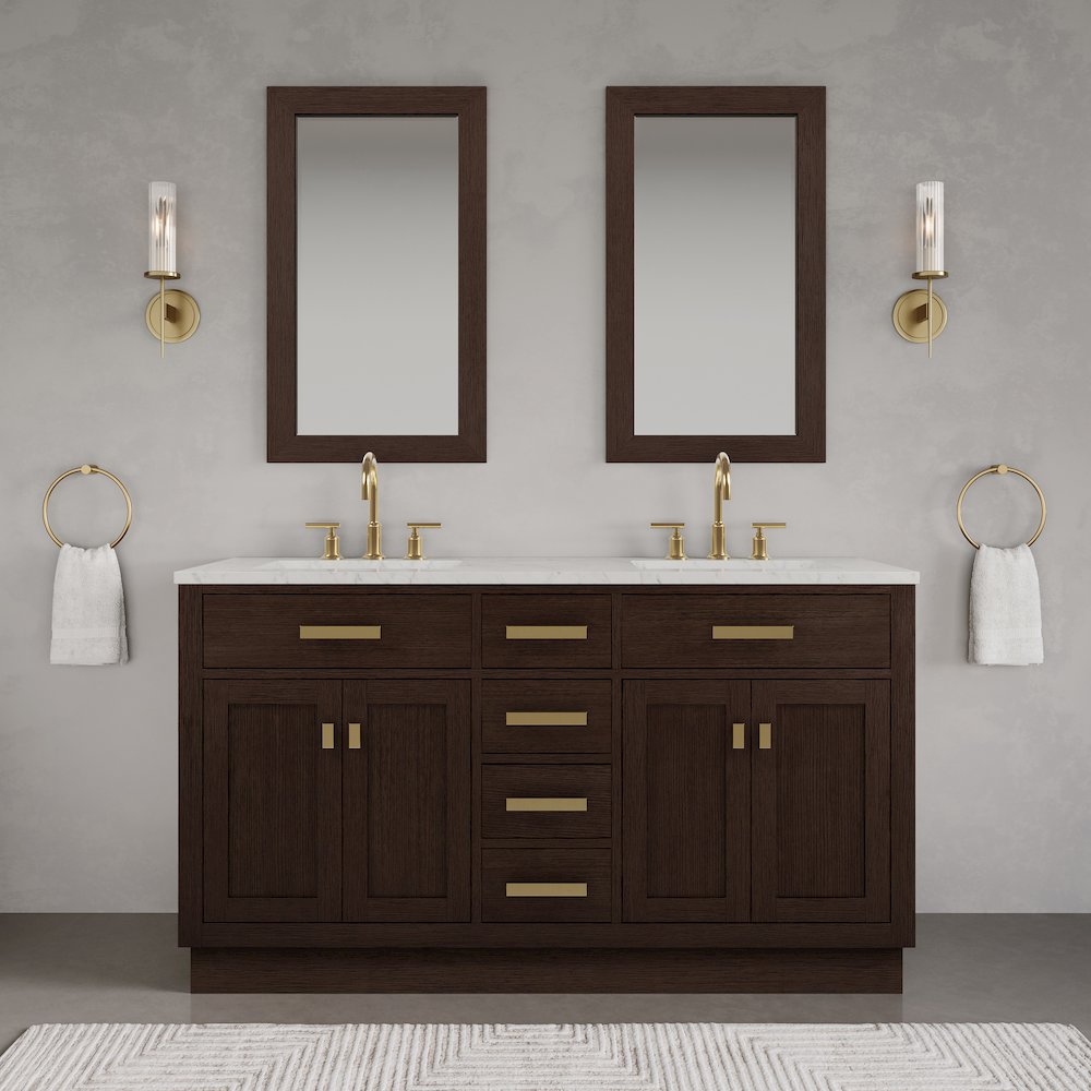 60 In. Double Sink Carrara White Marble Countertop Bath Vanity In Brown Oak. Picture 9