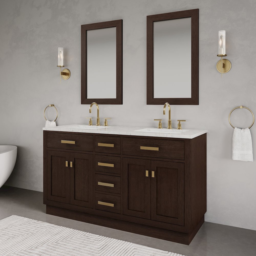 60 In. Double Sink Carrara White Marble Countertop Bath Vanity In Brown Oak. Picture 10