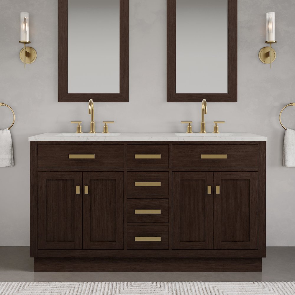 60 In. Double Sink Carrara White Marble Countertop Bath Vanity In Brown Oak. Picture 2