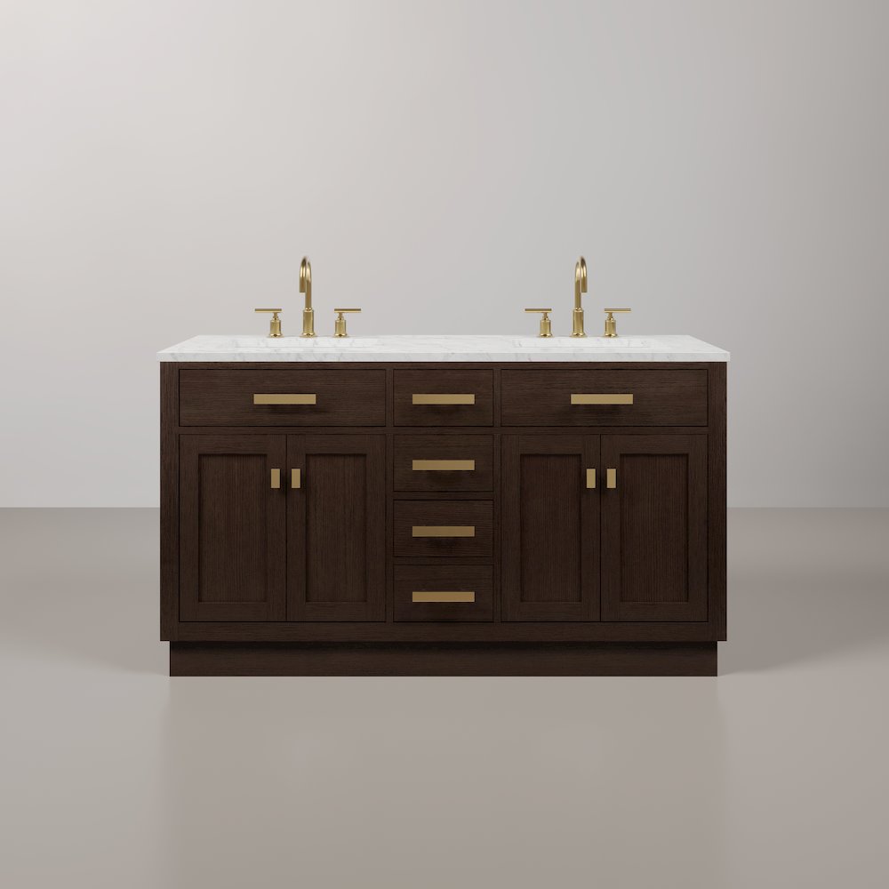 60 In. Double Sink Carrara White Marble Countertop Bath Vanity In Brown Oak. Picture 1