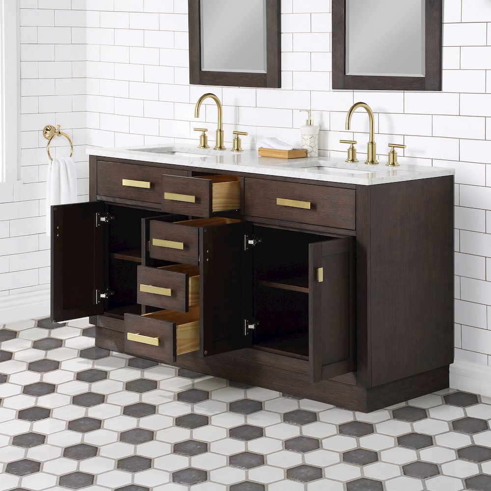 60 In. Double Sink Carrara White Marble Countertop Bath Vanity In Brown Oak. Picture 5