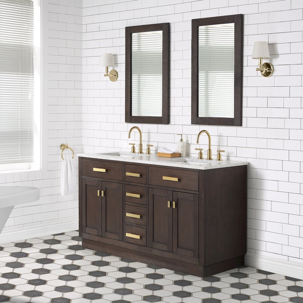 60 In. Double Sink Carrara White Marble Countertop Bath Vanity In Brown Oak. Picture 4