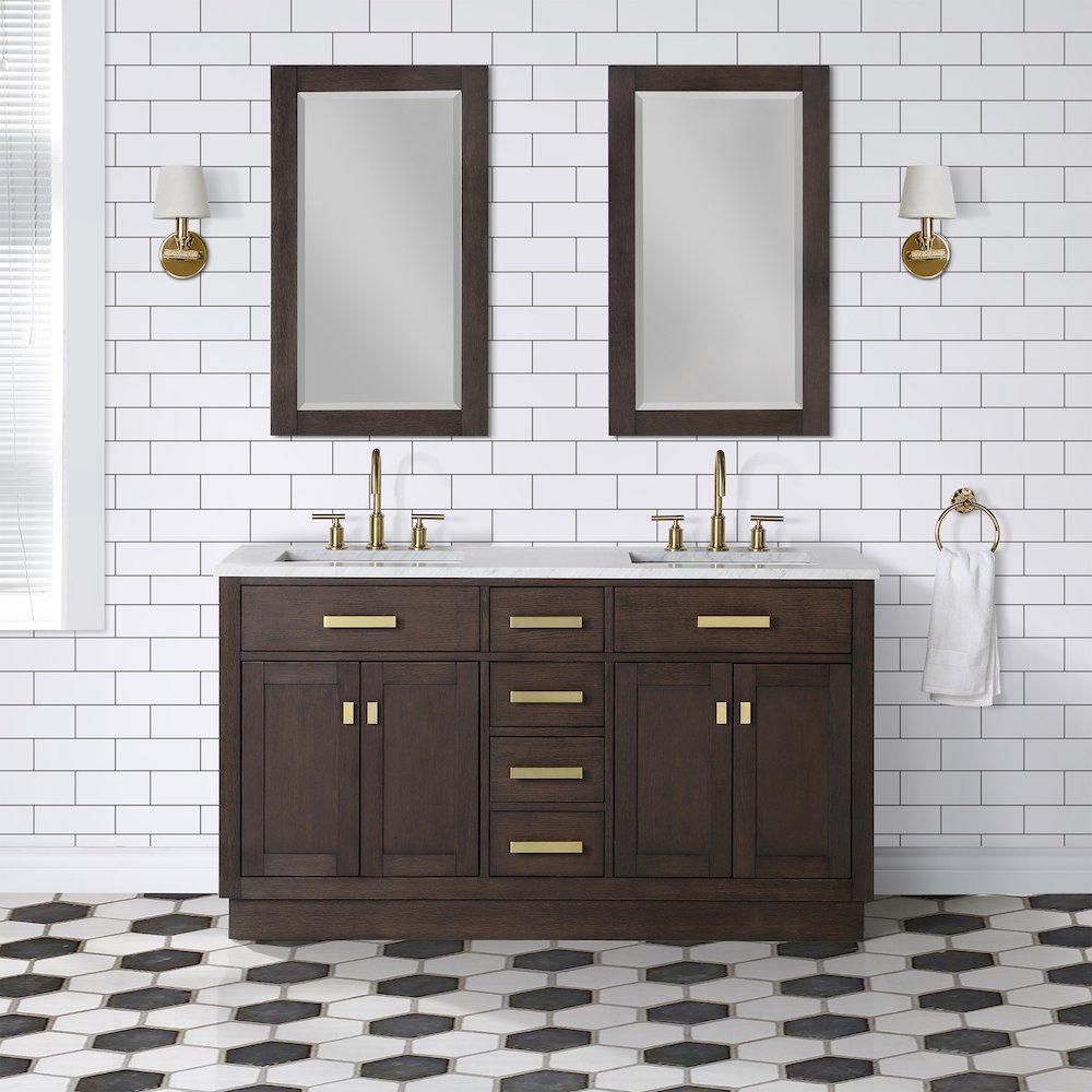60 In. Double Sink Carrara White Marble Countertop Bath Vanity In Brown Oak. Picture 3