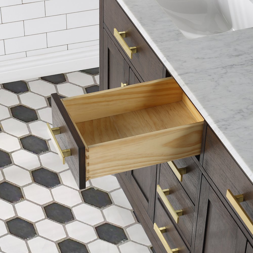 60 In. Double Sink Carrara White Marble Countertop Bath Vanity In Brown Oak. Picture 10