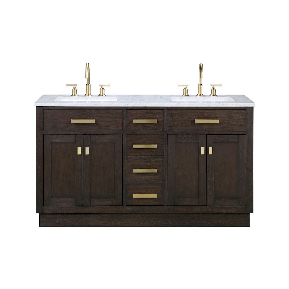 60 In. Double Sink Carrara White Marble Countertop Bath Vanity In Brown Oak. Picture 1