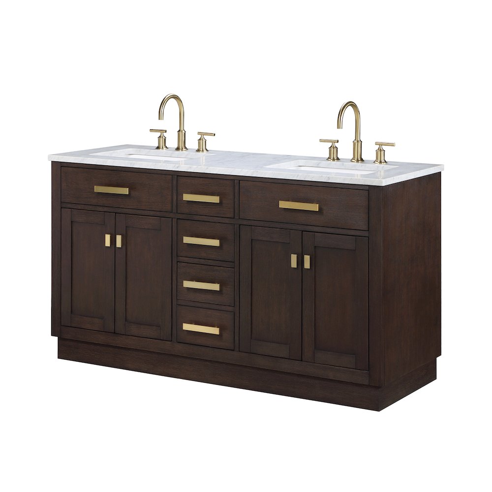 60 In. Double Sink Carrara White Marble Countertop Bath Vanity In Brown Oak. Picture 2