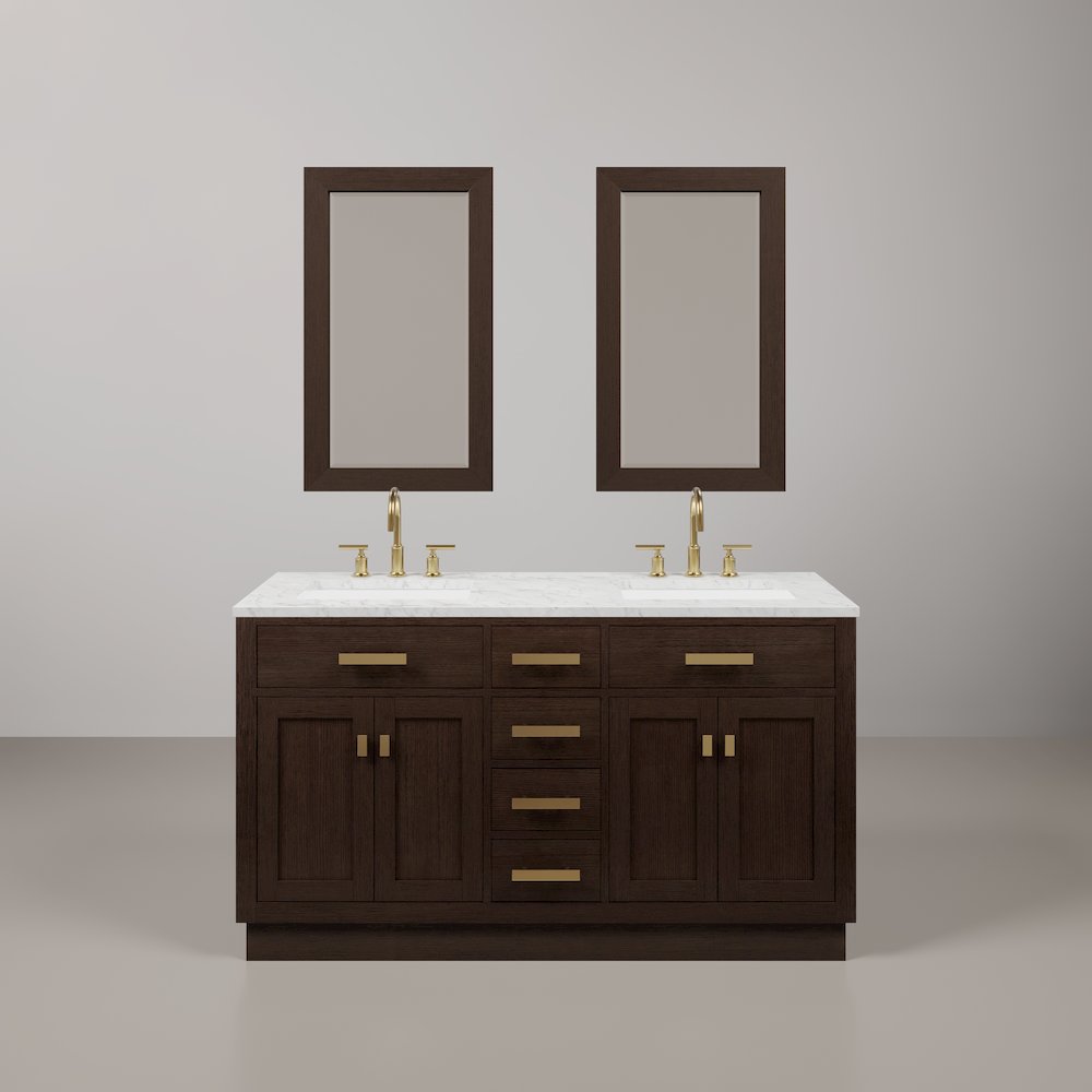 60 In. Double Sink Carrara White Marble Countertop Bath Vanity In Brown Oak. Picture 1