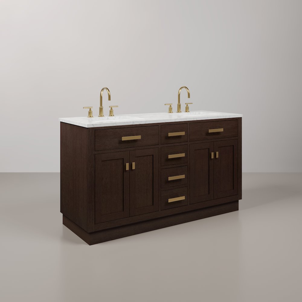 60 In. Double Sink Carrara White Marble Countertop Bath Vanity In Brown Oak. Picture 3