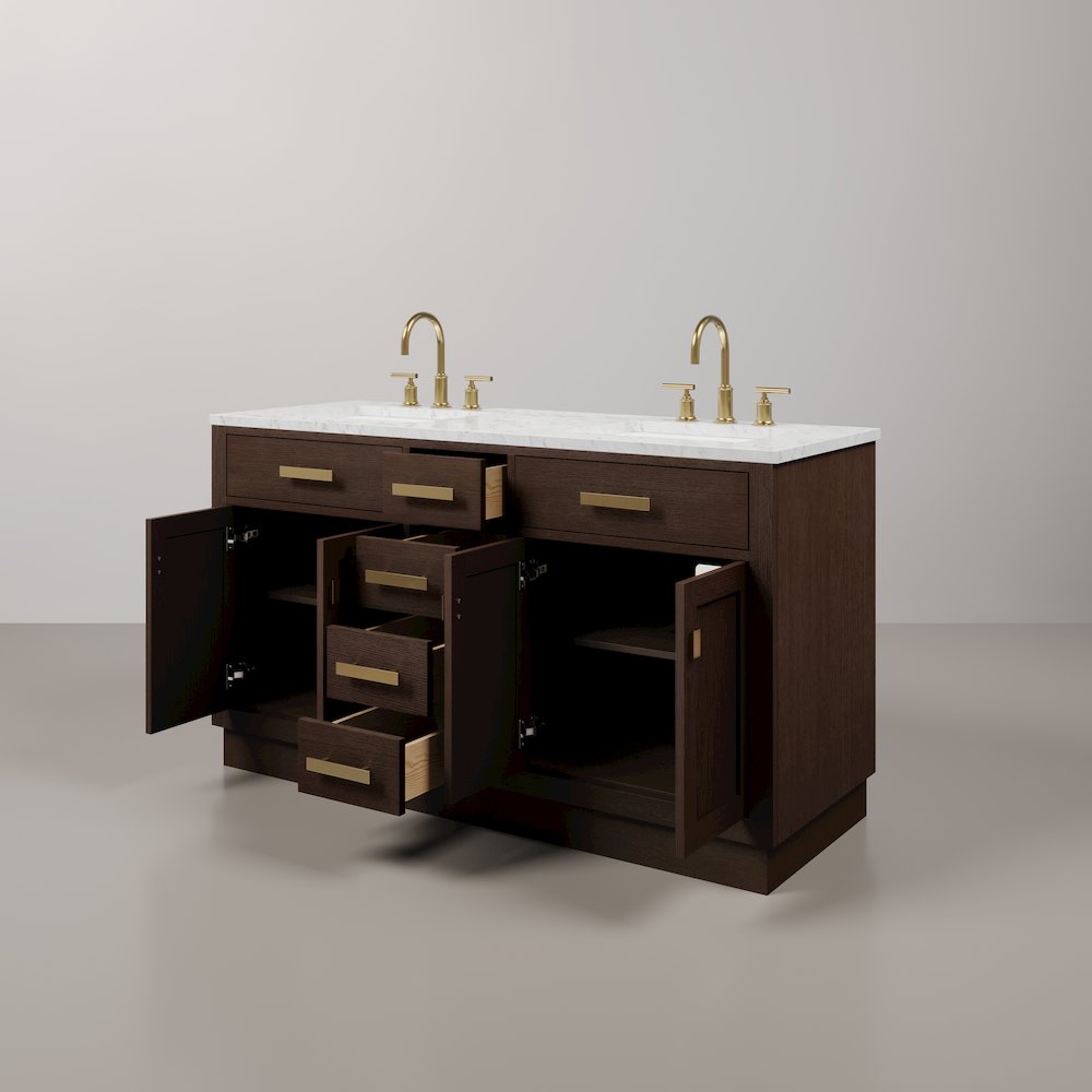 60 In. Double Sink Carrara White Marble Countertop Bath Vanity In Brown Oak. Picture 4