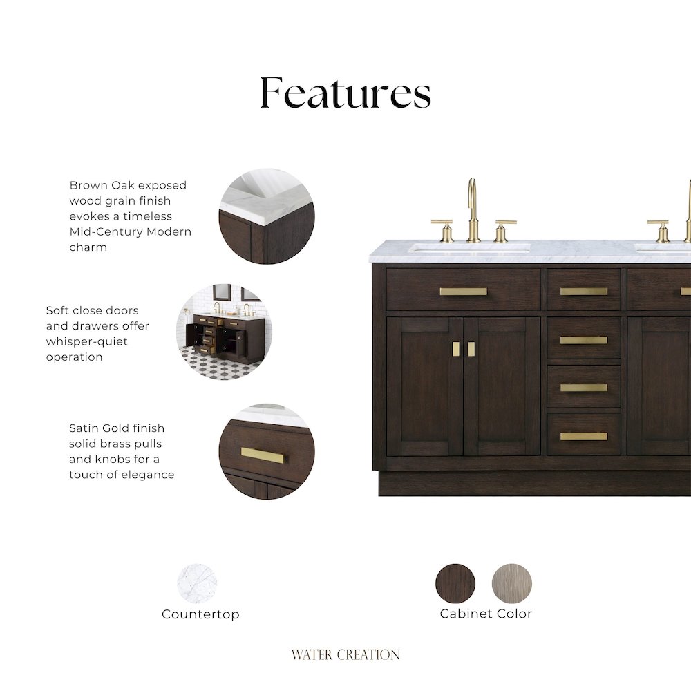 60 In. Double Sink Carrara White Marble Countertop Bath Vanity In Brown Oak. Picture 10