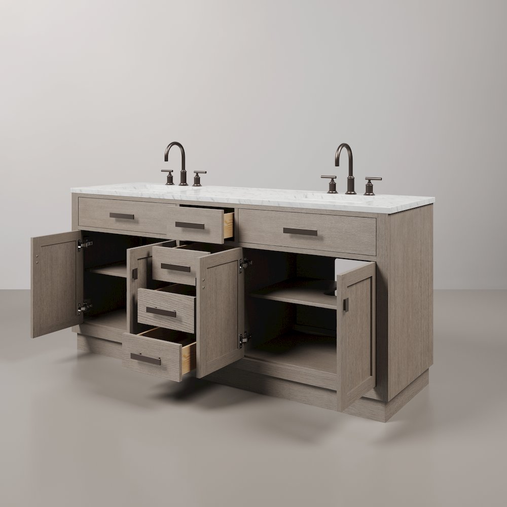 72 In. Double Sink Carrara White Marble Countertop Bath Vanity In Grey Oak. Picture 4