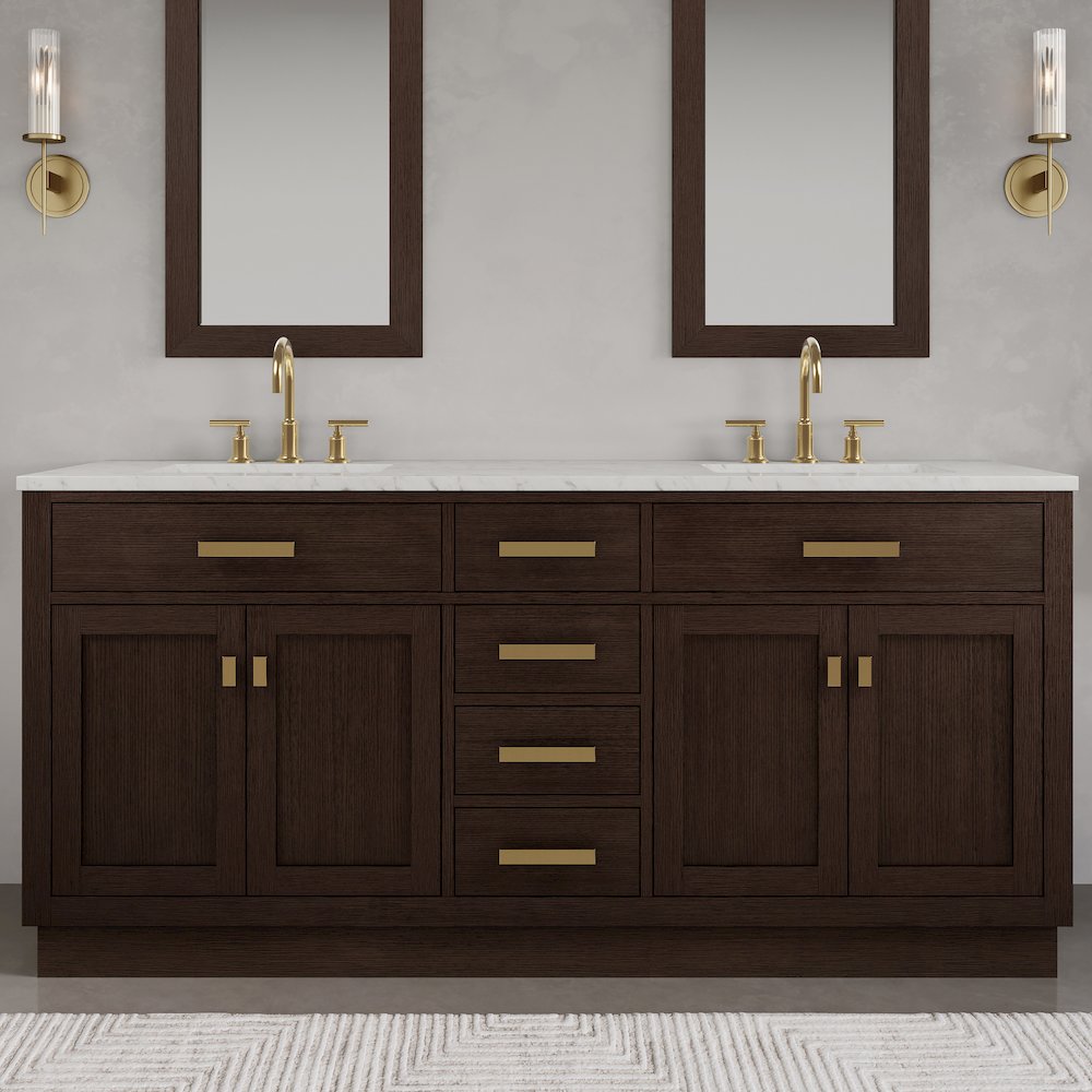 72 In. Double Sink Carrara White Marble Countertop Bath Vanity In Brown Oak. Picture 2