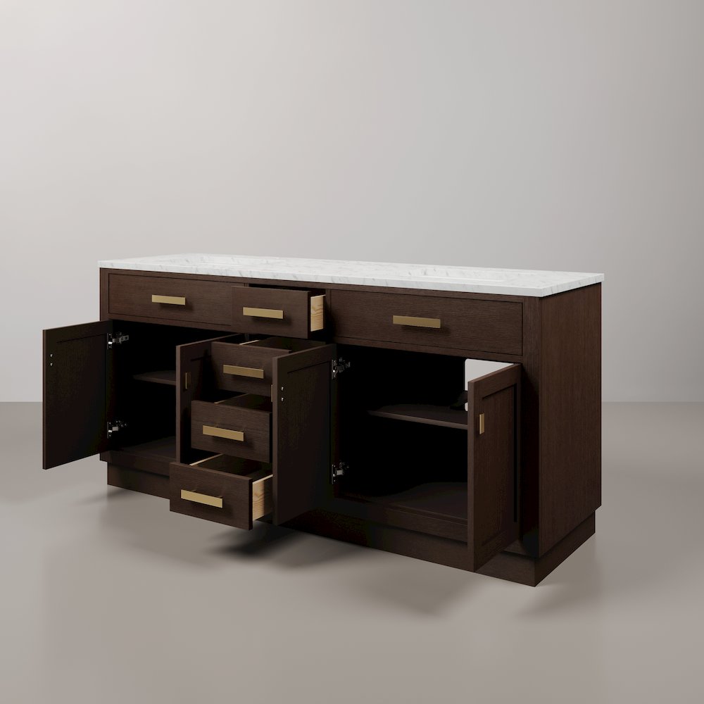 72 In. Double Sink Carrara White Marble Countertop Bath Vanity In Brown Oak. Picture 4