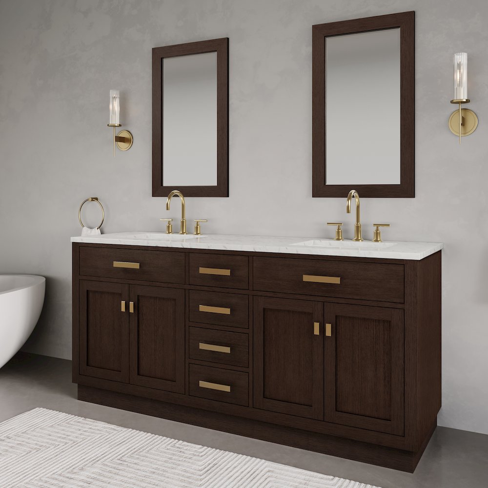 72 In. Double Sink Carrara White Marble Countertop Bath Vanity In Brown Oak. Picture 10