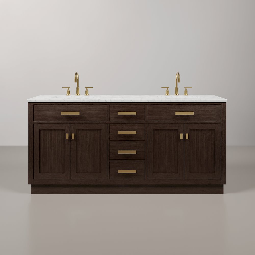 72 In. Double Sink Carrara White Marble Countertop Bath Vanity In Brown Oak. Picture 1