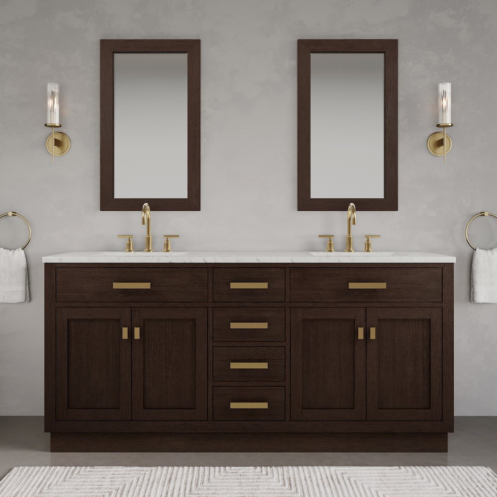 72 In. Double Sink Carrara White Marble Countertop Bath Vanity In Brown Oak. Picture 9